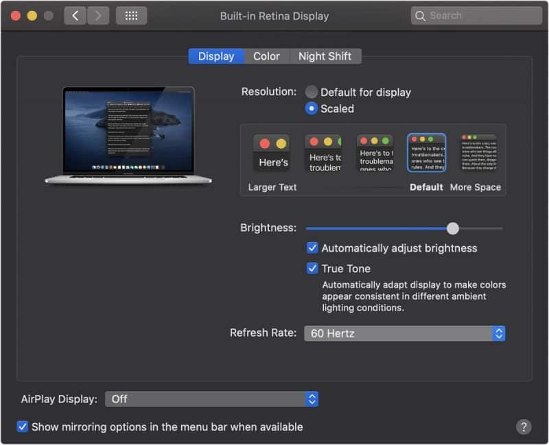 MacBook Pro 16" ponúka možnosť nastavenia obnovovacej frekvencie (Hz) displeja. 
