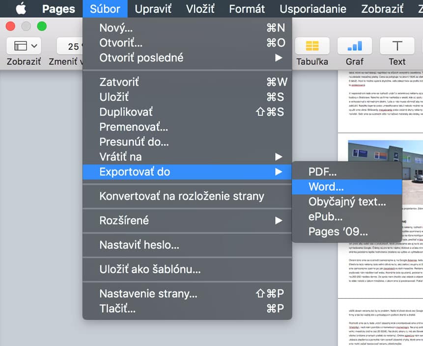 Ako uložiť súbor v Pages do PDF alebo Word?
