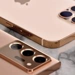 Zlatý iPhone 12 Pro Max vs. bronzový Samsung Galaxy Note 20 Ultra. Zlatý iPhone 12 Pro Max vs. bronzový Samsung Galaxy Note 20 Ultra.