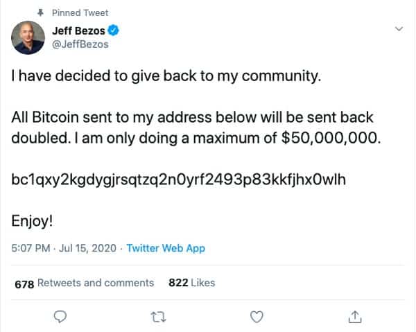 Twitter účet Jeffa Bezosa po tom, ako sa doň nabúrali hackeri