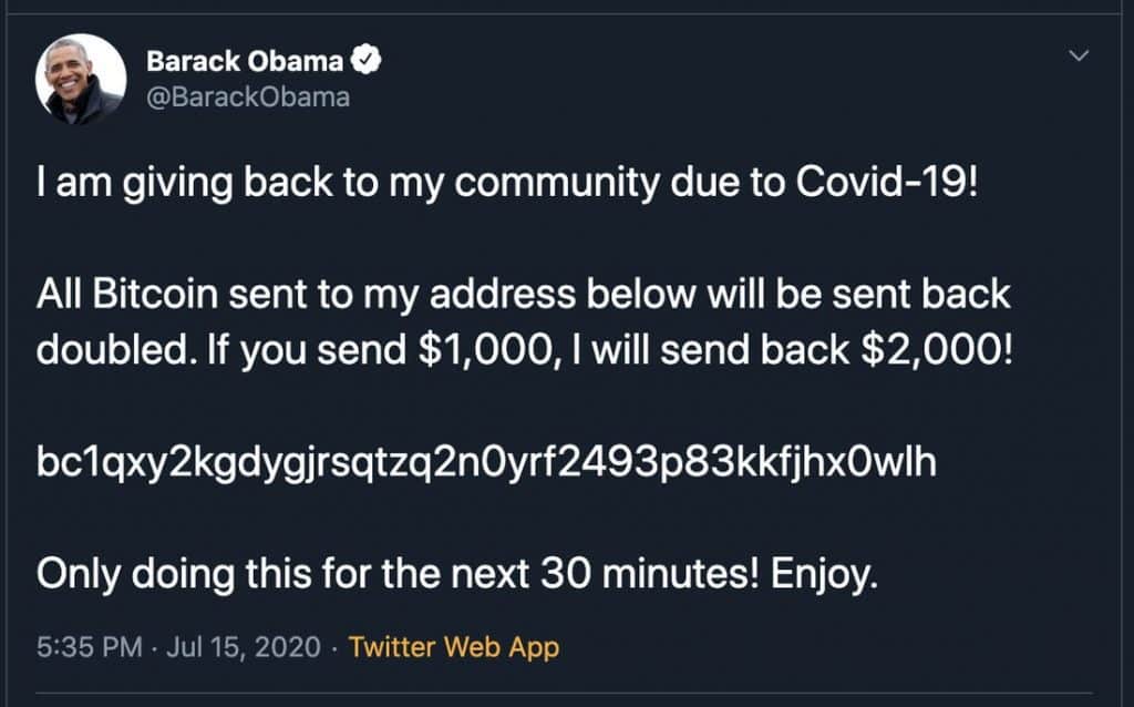 Twitter účet Baracka Obamu po tom, ako sa doň nabúrali hackeri