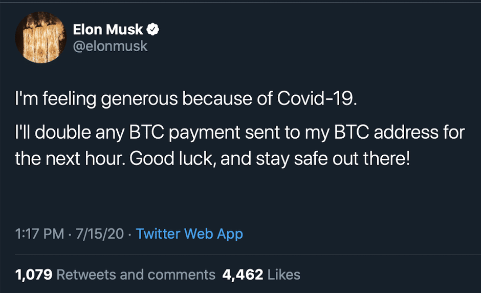 Twitter účet Elona Muska po tom, ako sa doň nabúrali hackeri