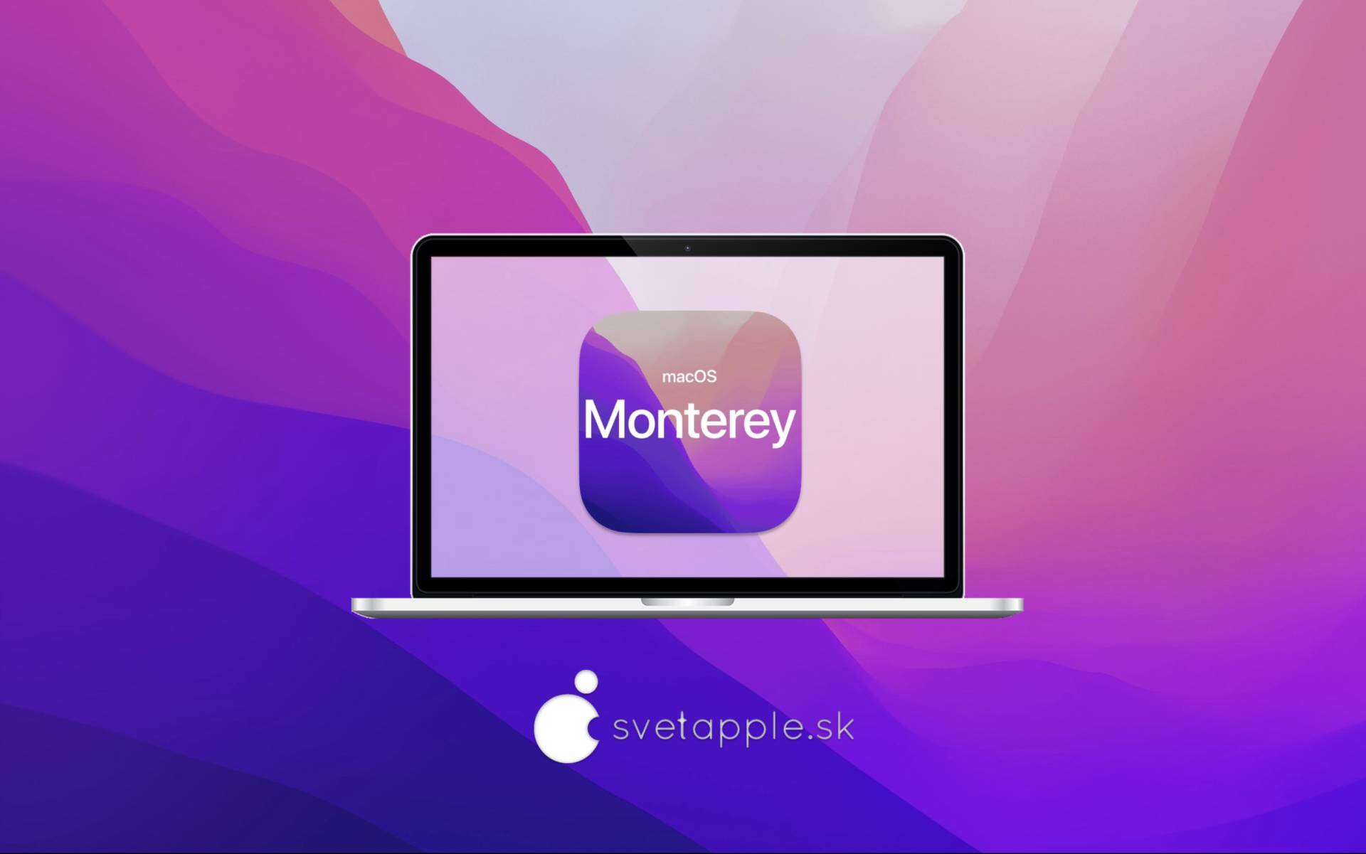 Logo macOS Monterey na ružovom pozadí s logom SvetApple
