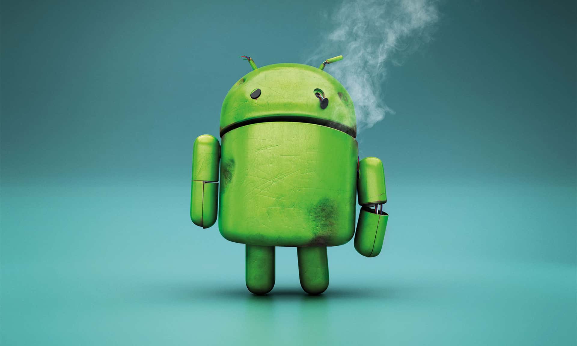 Zelený Android panáčik s poškodením a dymom