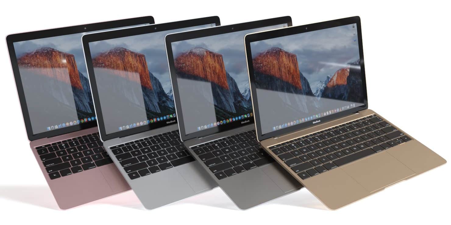 Originálny MacBook 12" v štyroch farbách na bielom pozadí