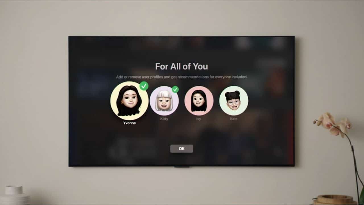 Apple TV 4K s náhľadom na výber užívateľských profilov