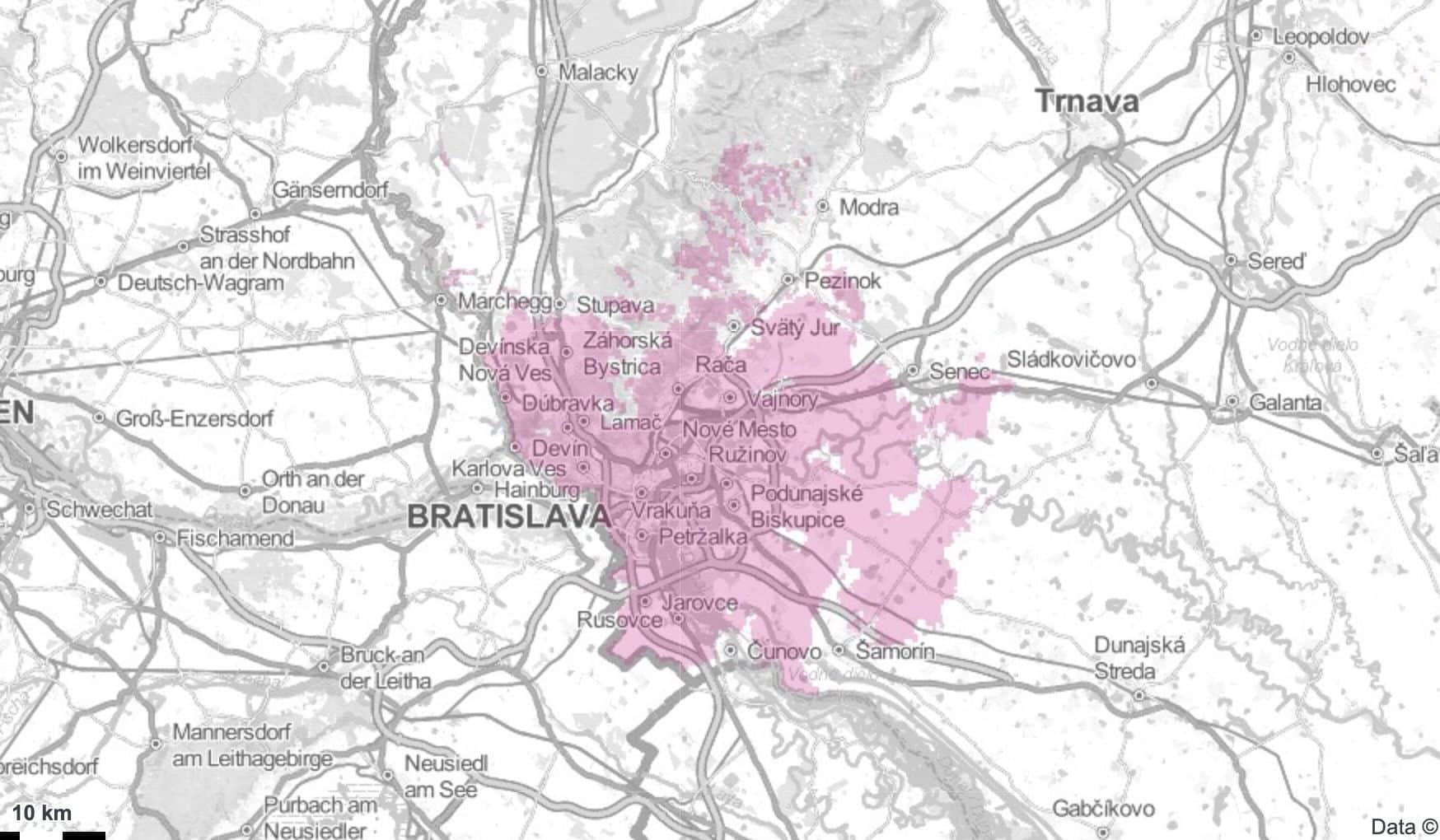Aktuálne pokrytie 5G na území Bratislavského kraja a priľahlých oblastí