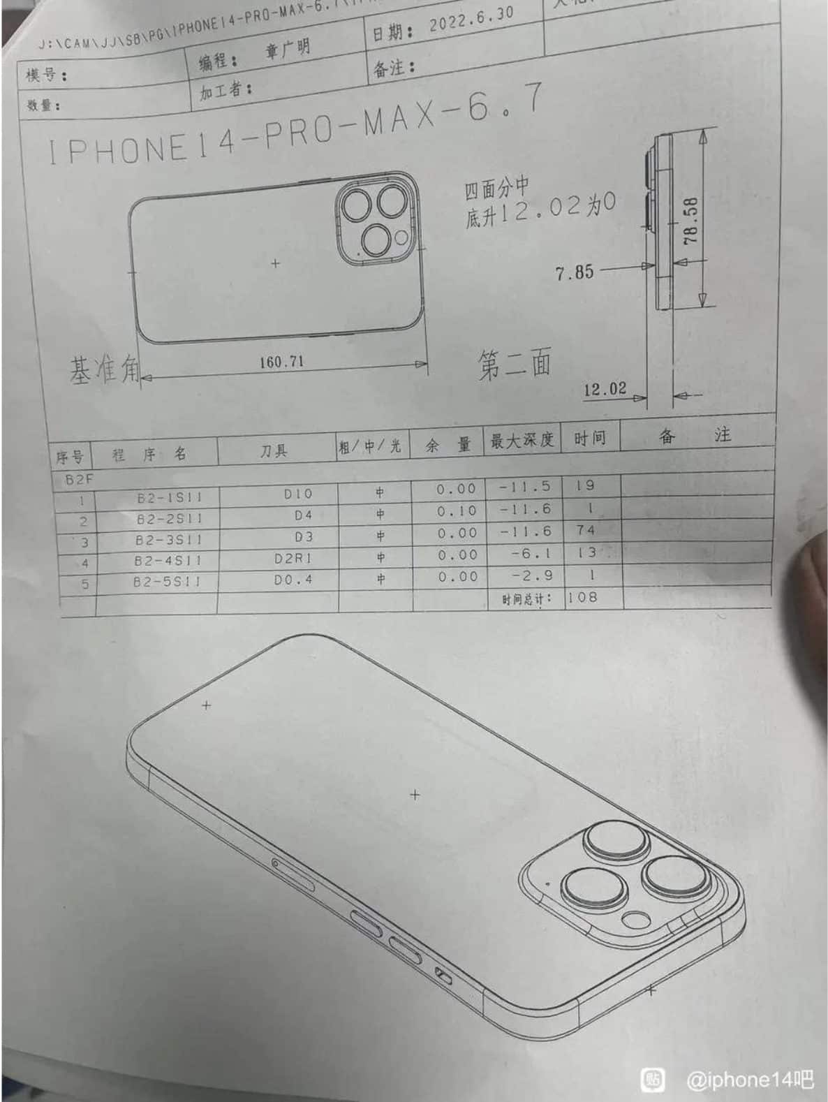 Schéma na papieri, ktorá odhaľuje dizajn iPhonu 14 Pro Max od Apple