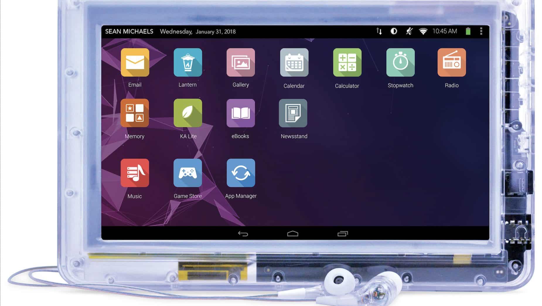 Väzenský tablet používa operačný systém Android 4 alebo 5. Má transparentný dizajn a dotykový displej