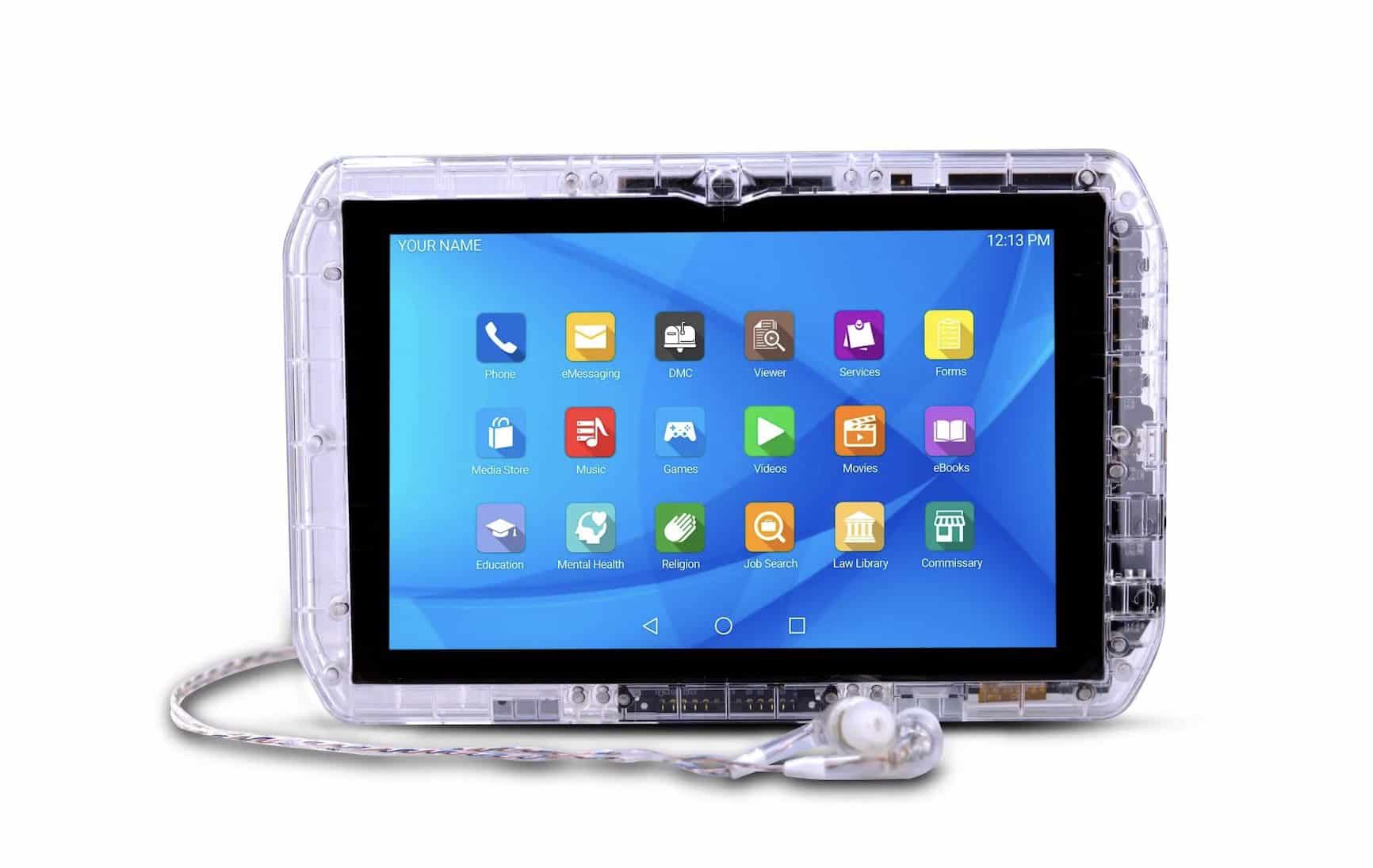 Väzenský tablet používa operačný systém Android 4 alebo 5. Má transparentný dizajn a dotykový displej