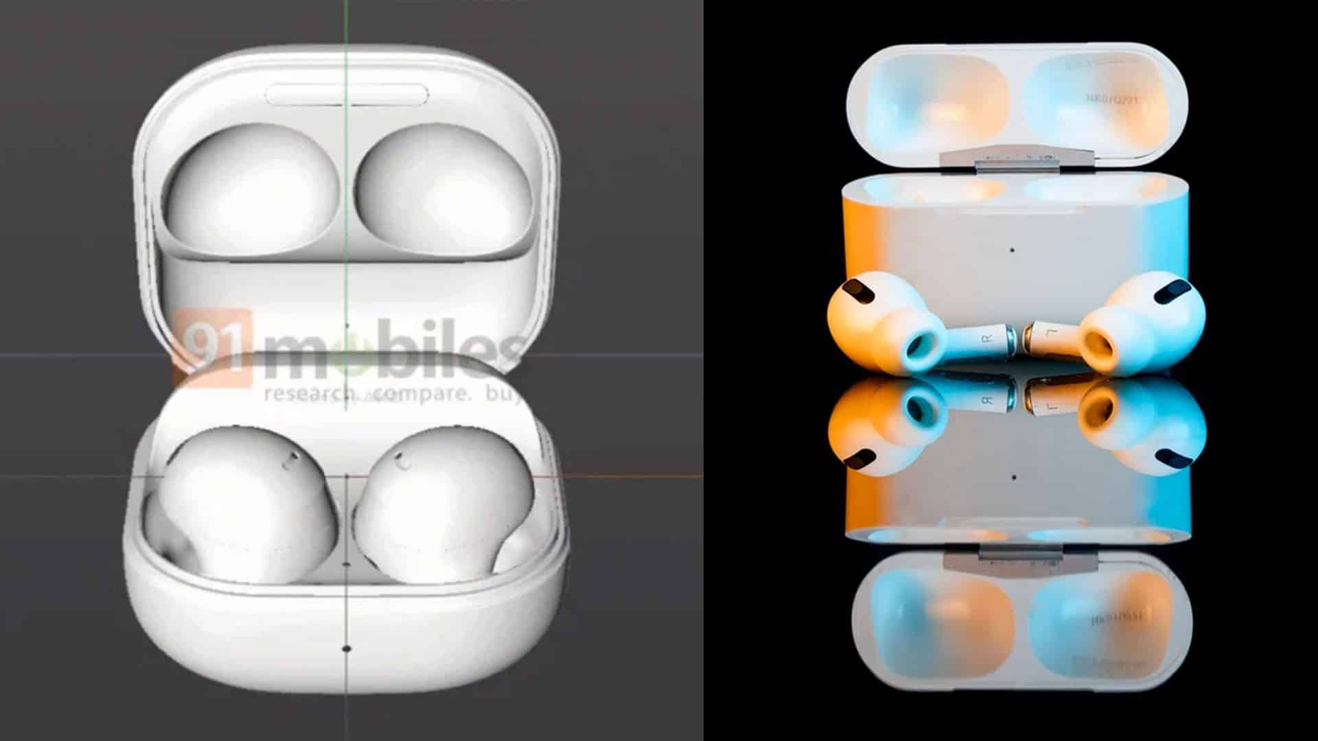 CAD rendery slúchadiel Samsung Galaxy Buds 2 Pro a AirPods Pro od spoločnosti Apple