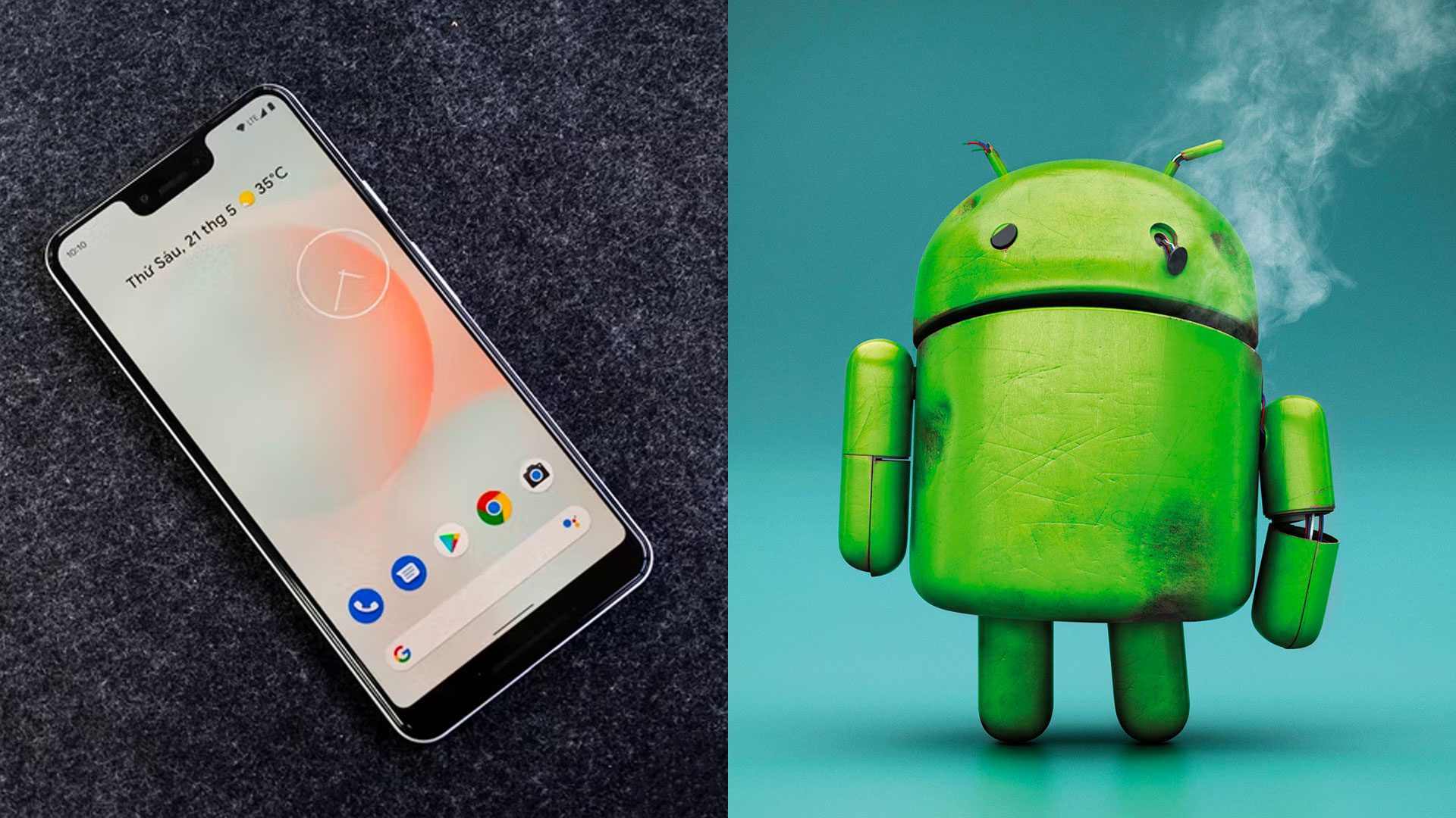Android smartfón a pokazený zelený android panáčik