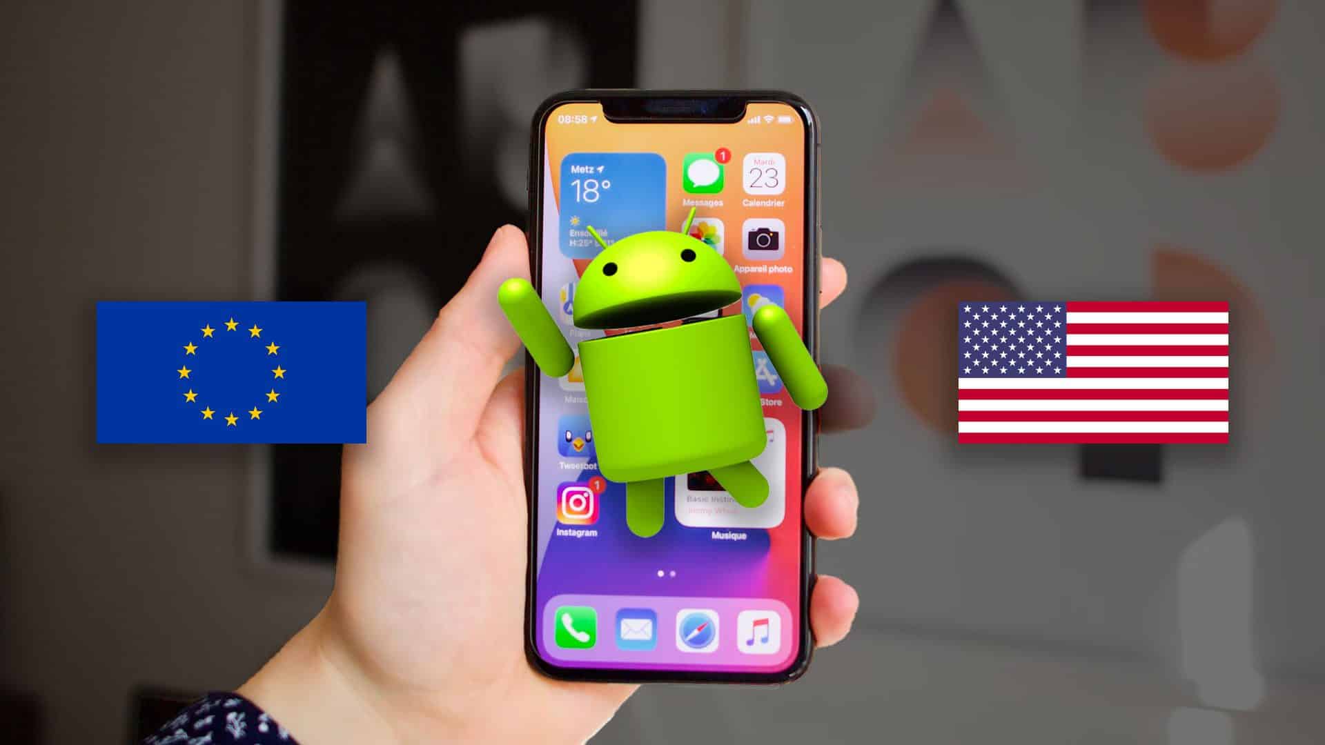 iPhone s panáčikom Android. Vlajka Európskej únie a USA