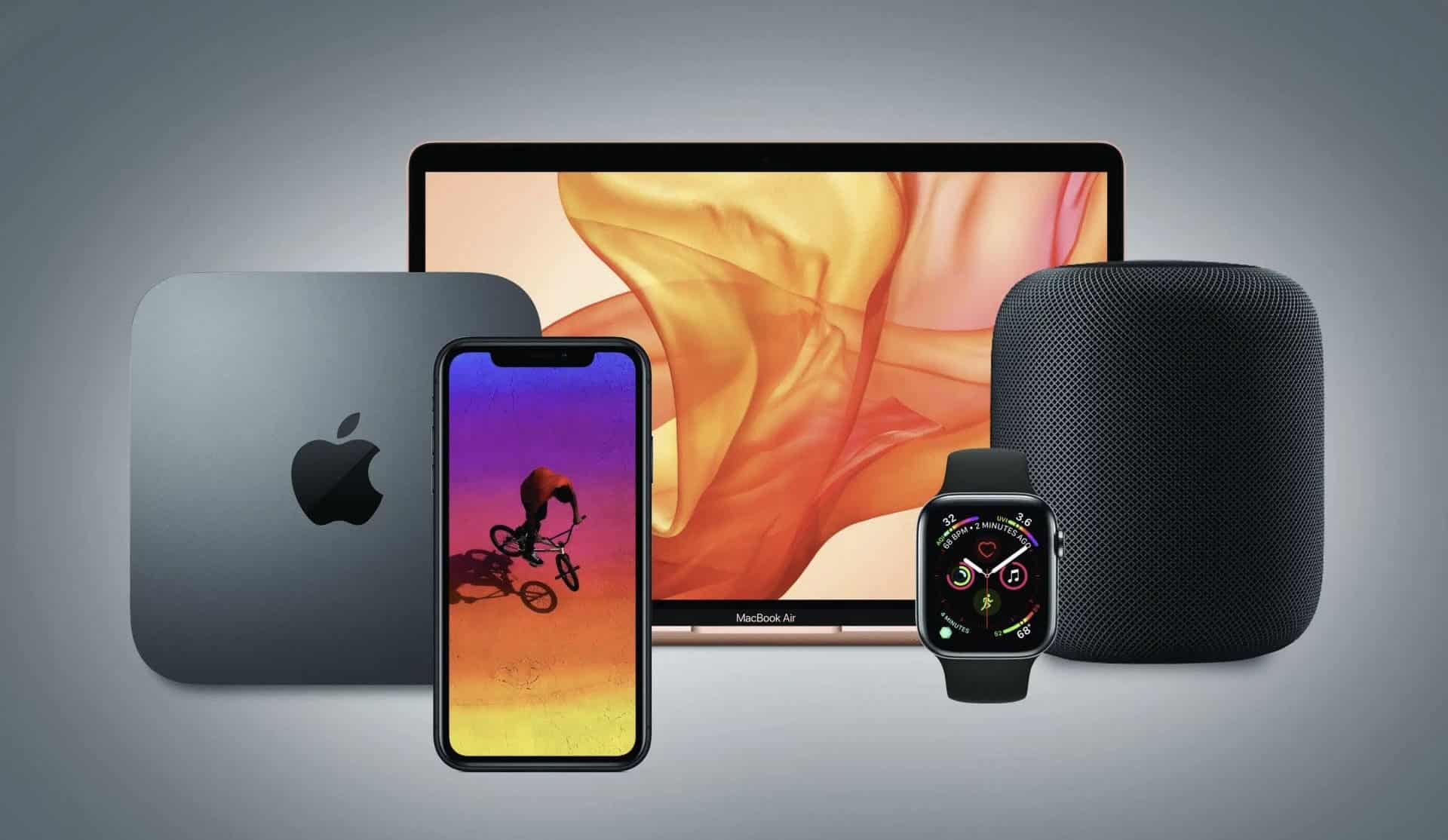 Apple produkty na sivom pozadí - záber z prednej strany
