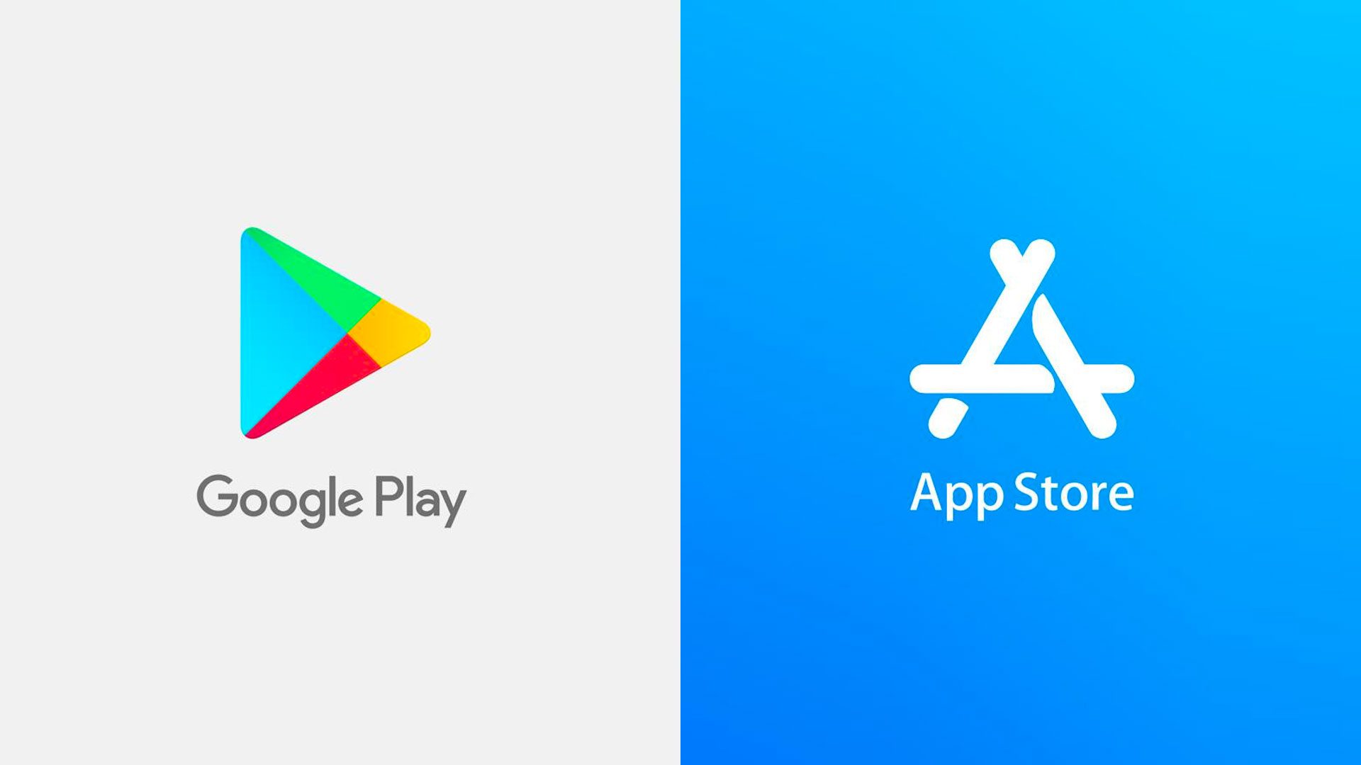 Google play na sivom pozadí a App Store na modrom pozadí