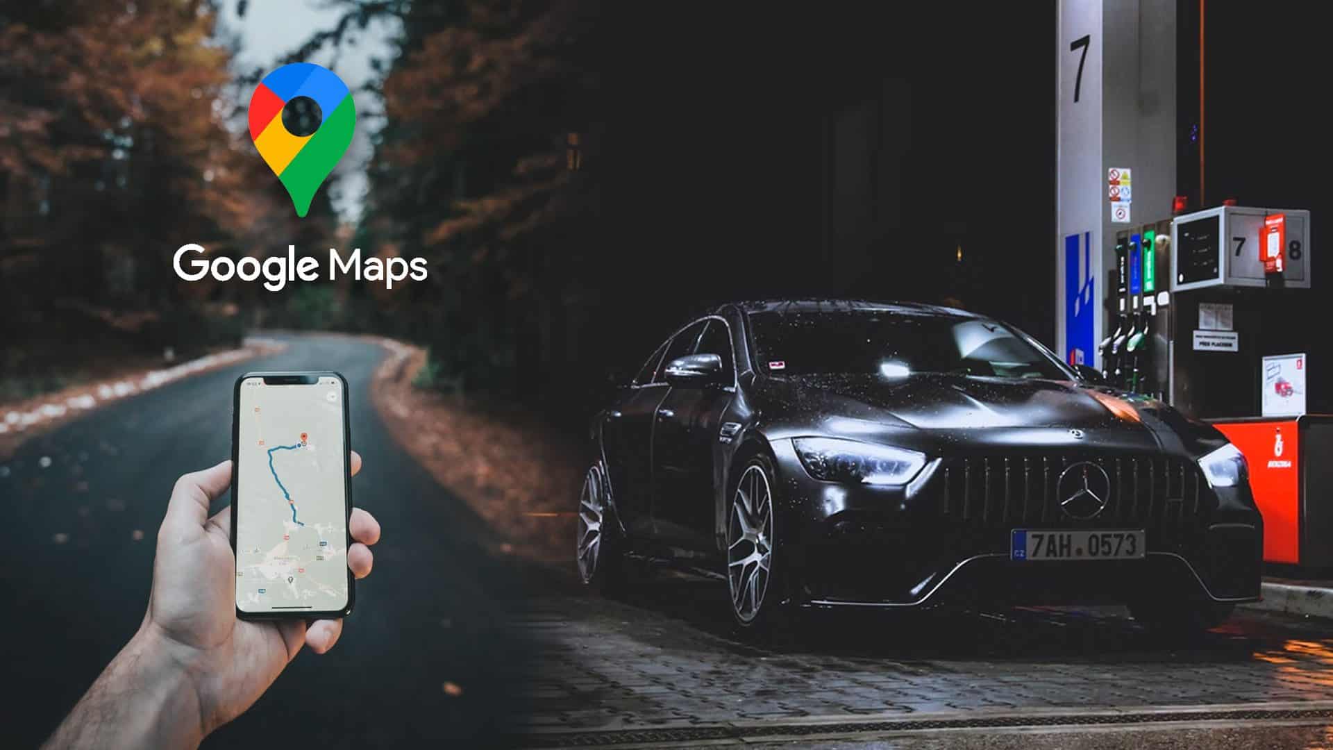 Google Mapy na iPhone v ruke používateľa a Mercedes na pumpe s českými ŠPZ