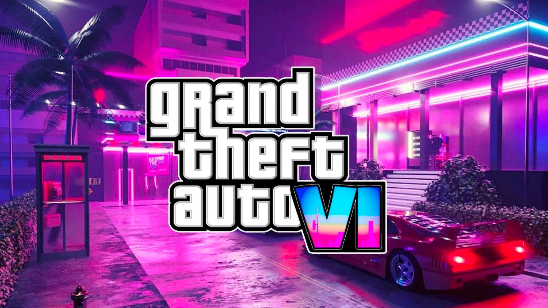 Gran Theft Auto VI (fialové pozadie, športové auto, Miami - Vice City