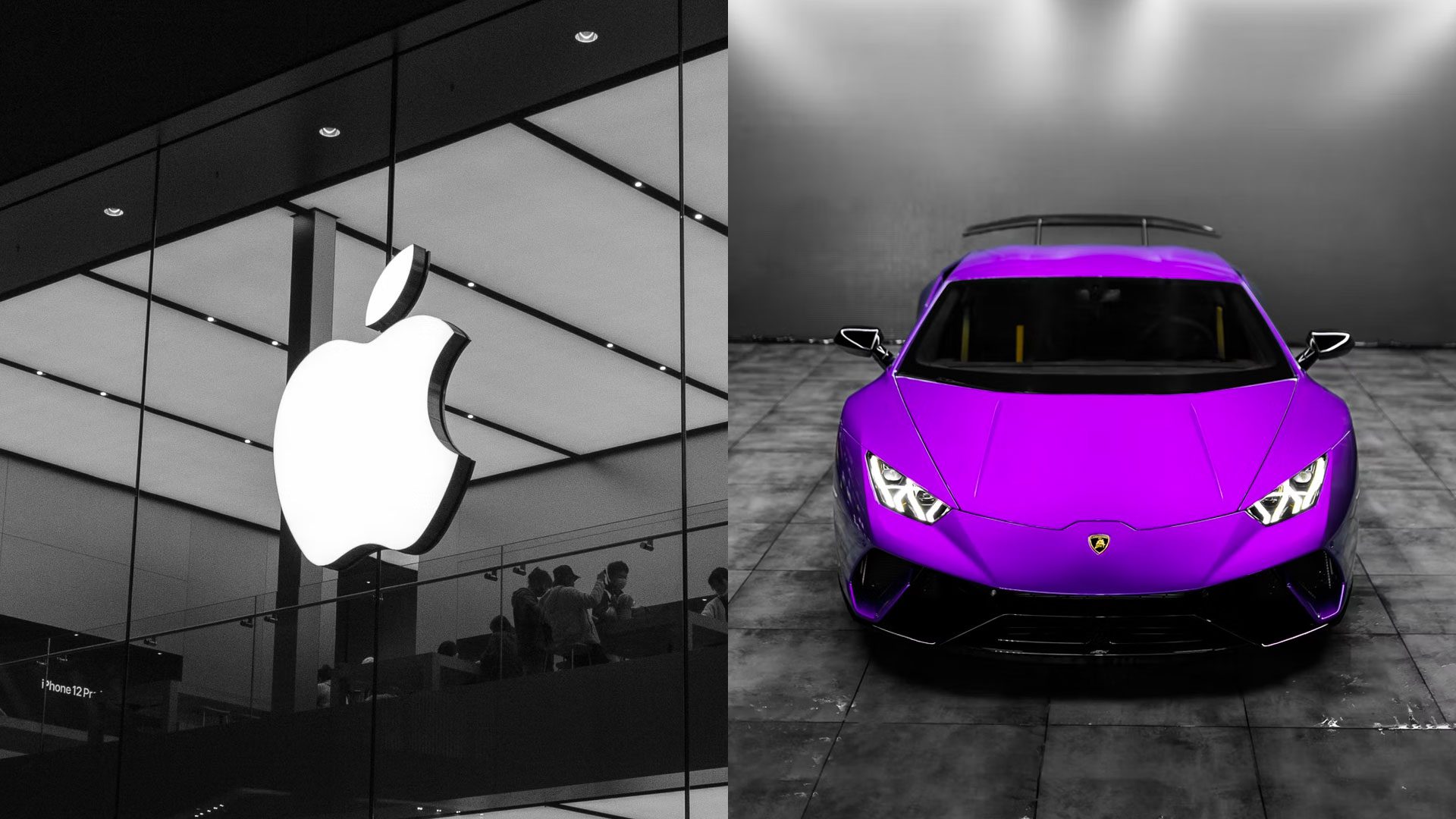 Apple Logo a Lamborghini Huracan vo fialovej farbe