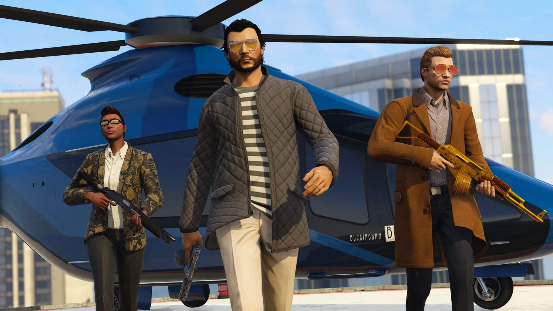 Gran Theft Auto Online tri postavy vystupujúce z vrtulníka