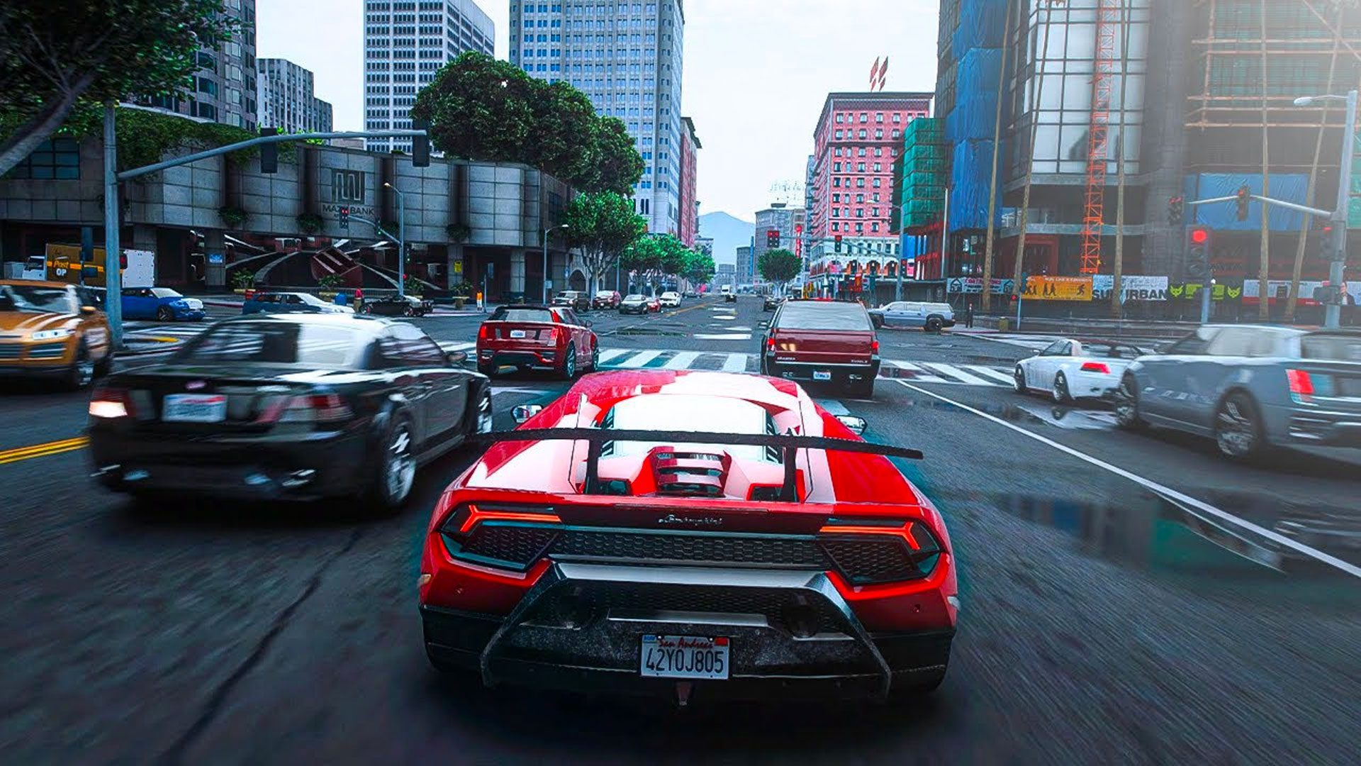 Lamborghini Huracan v červenej farbe a v hre GTA 6 v prepracovanej grafike