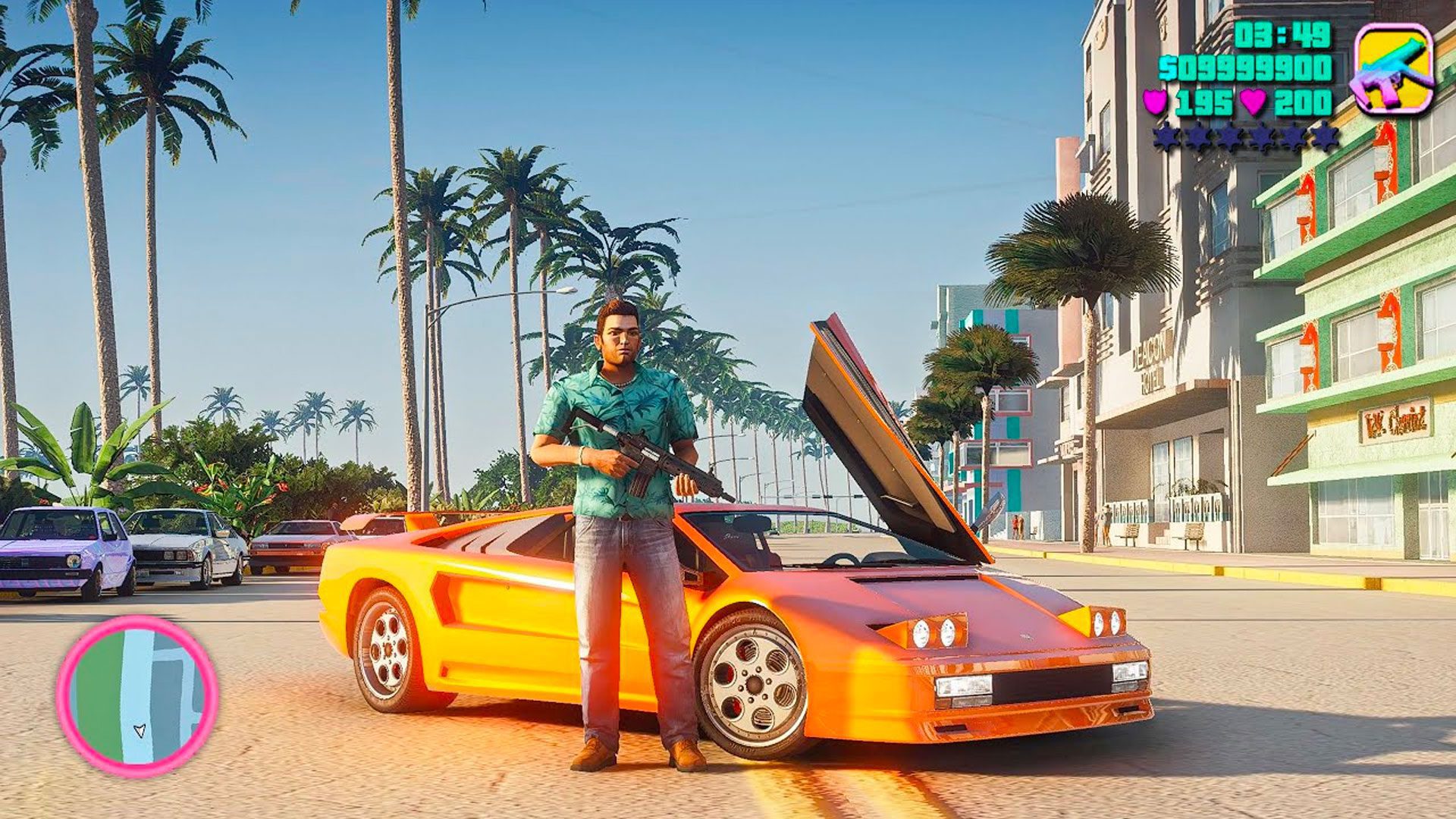 GTA Vice City v modernej podobe s hlavnou postavou a oranžovým Ferrari