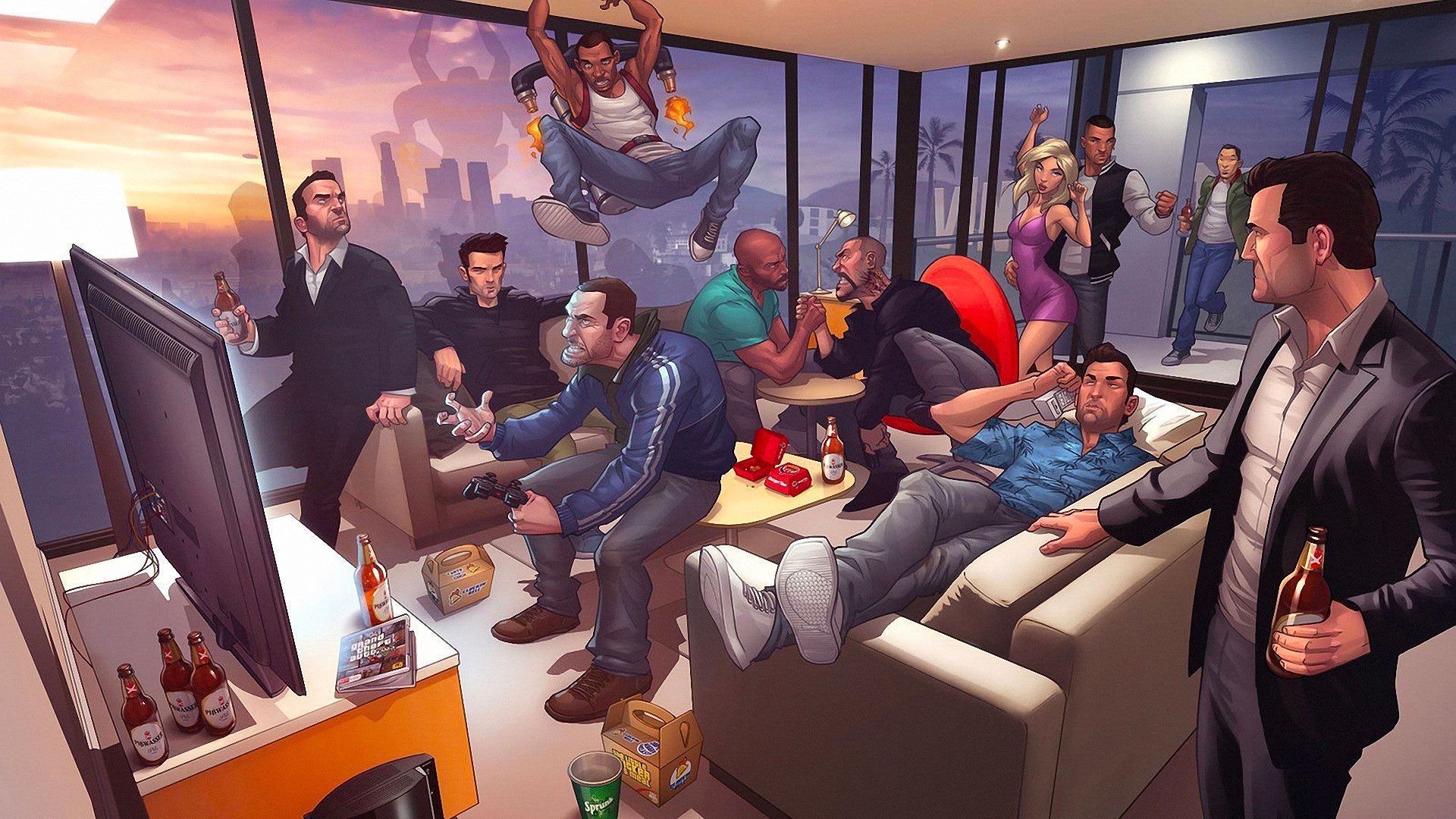 Viacero hlavných postáv z hernej série GTA v byte veľkomesta