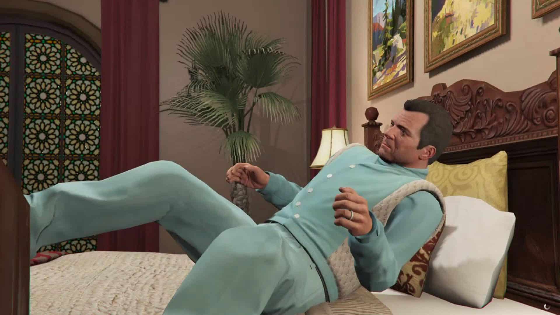 GTA 5 Michael v posteli v modrom pyžame