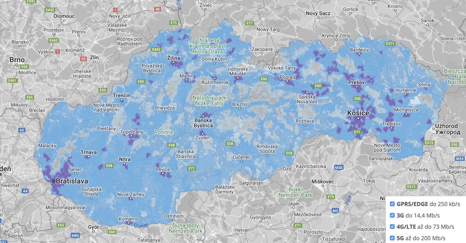 Mapa pokrytia 5G sieťou operátora O2 Slovensko