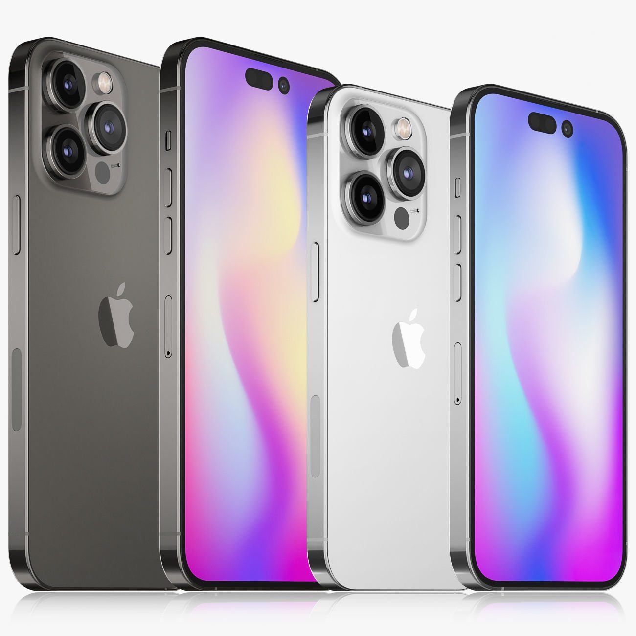 iPhone 14 Pro Max v grafitovej farbe a iPhone 14 Pro v striebornej farbe