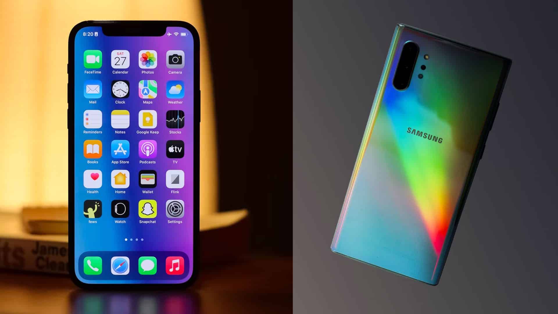 iPhone so zapnutým displejom a Samsung zo zadnej strany