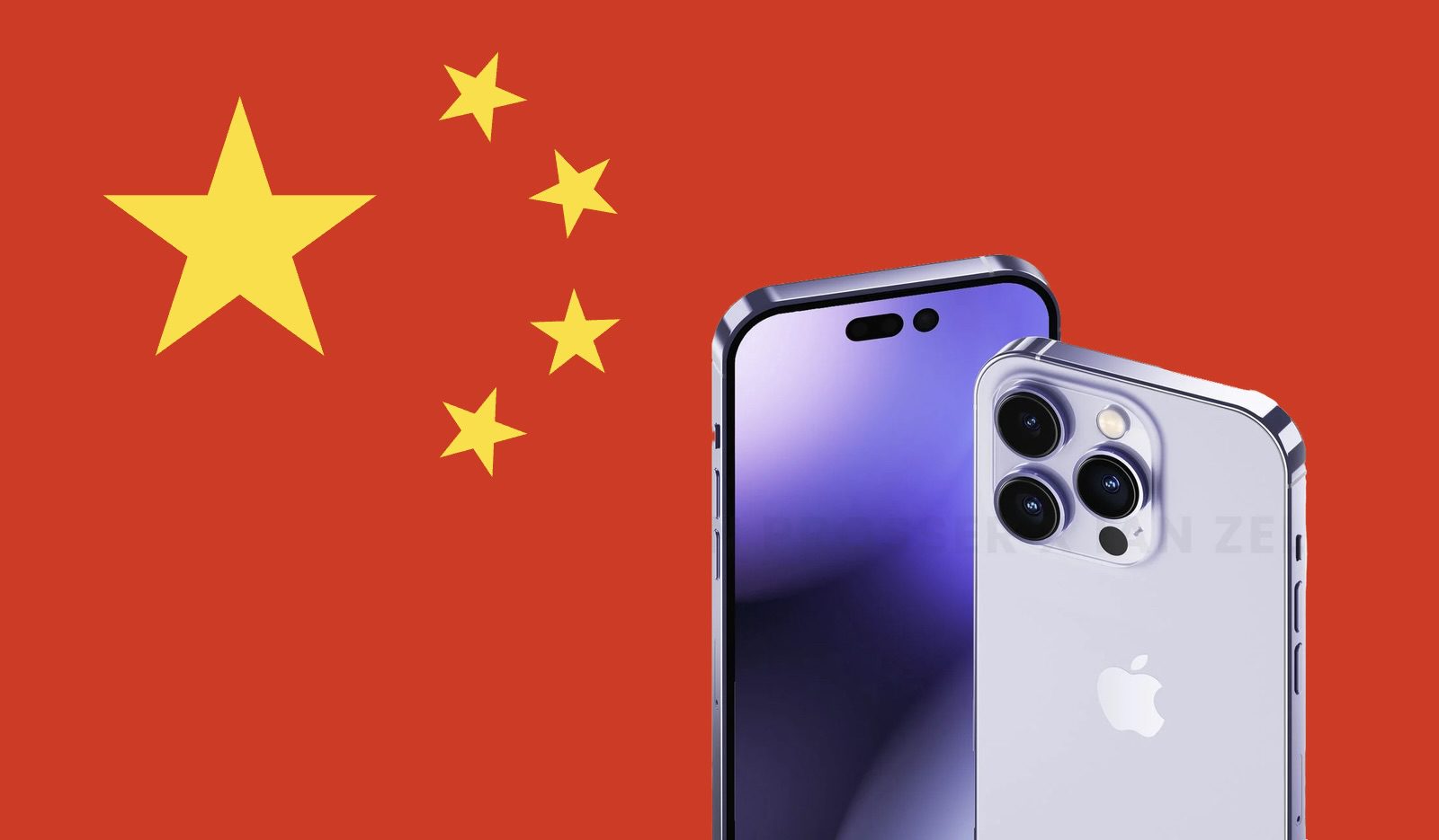 iPhone 14 Pro vo fialovej farbe s čínskou vlajkou v pozadí