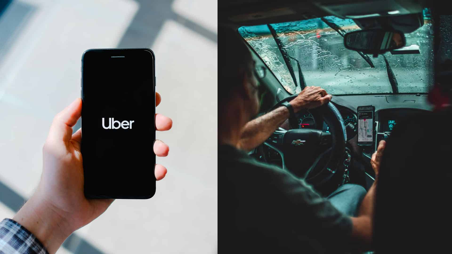 Uber na telefóne a vodič uberu v aute