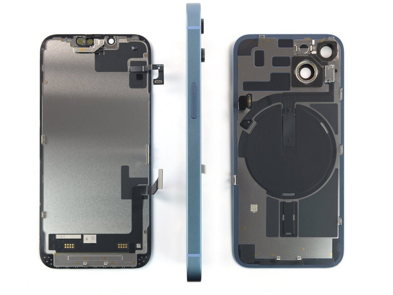 Rozobraný iPhone 14 - pohľad z prednej, zadnej a bočnej strany