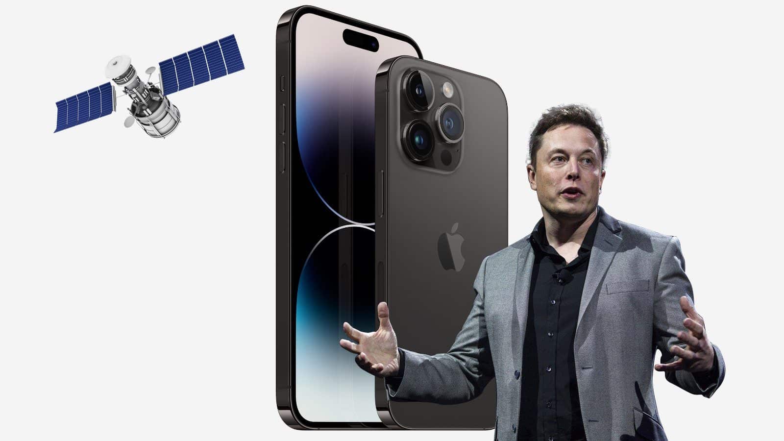Elon Musk s iPhonom 14 Pro a satelitom na pozadí