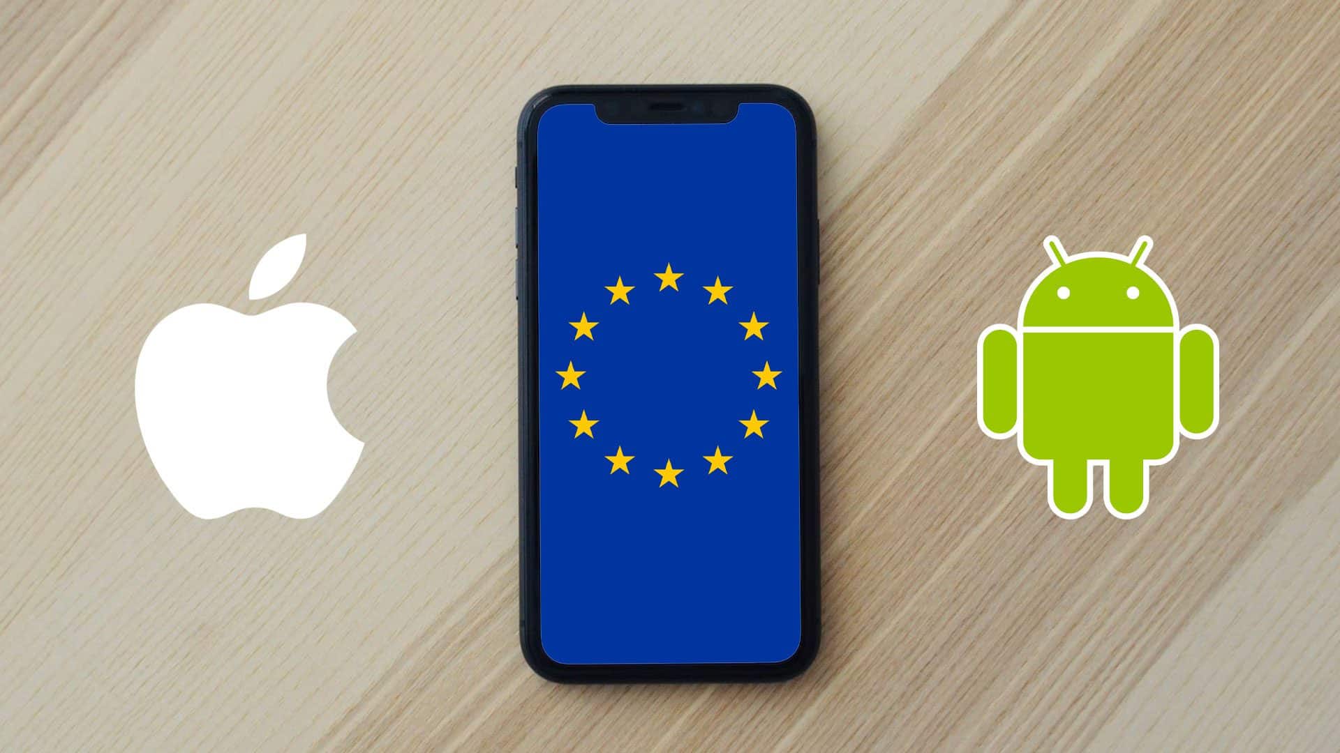 iPhone s logom EÚ, logo Apple a logo Android