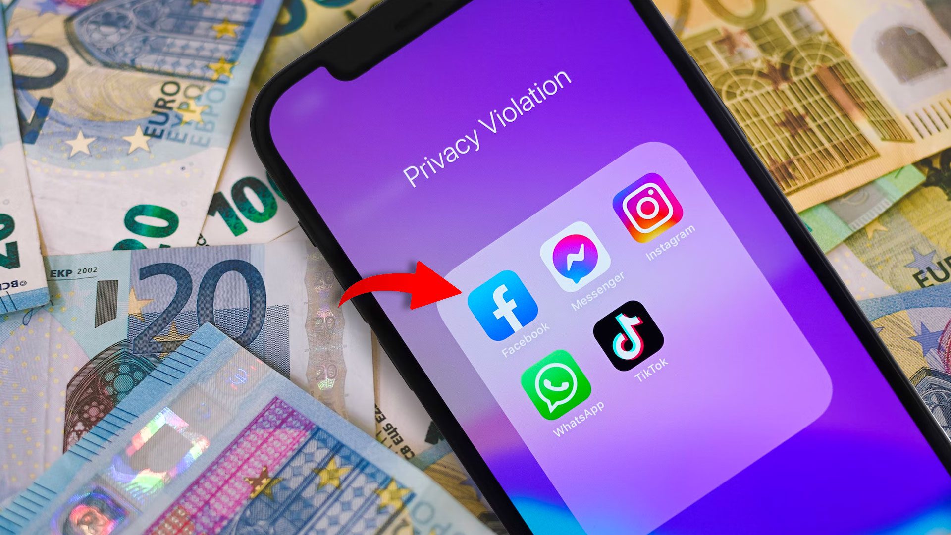 Sociálne siete Facebook, Messenger, Instagram, WhatsApp a TikTok na zariadení, v ktorého pozadí sú peniaze
