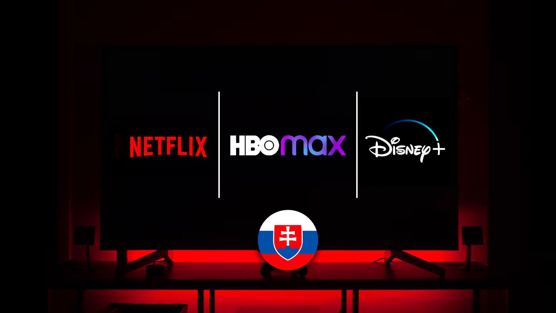 Netflix, HBO Max a Disney+ na obrazovke televízora s červeným pozadím
