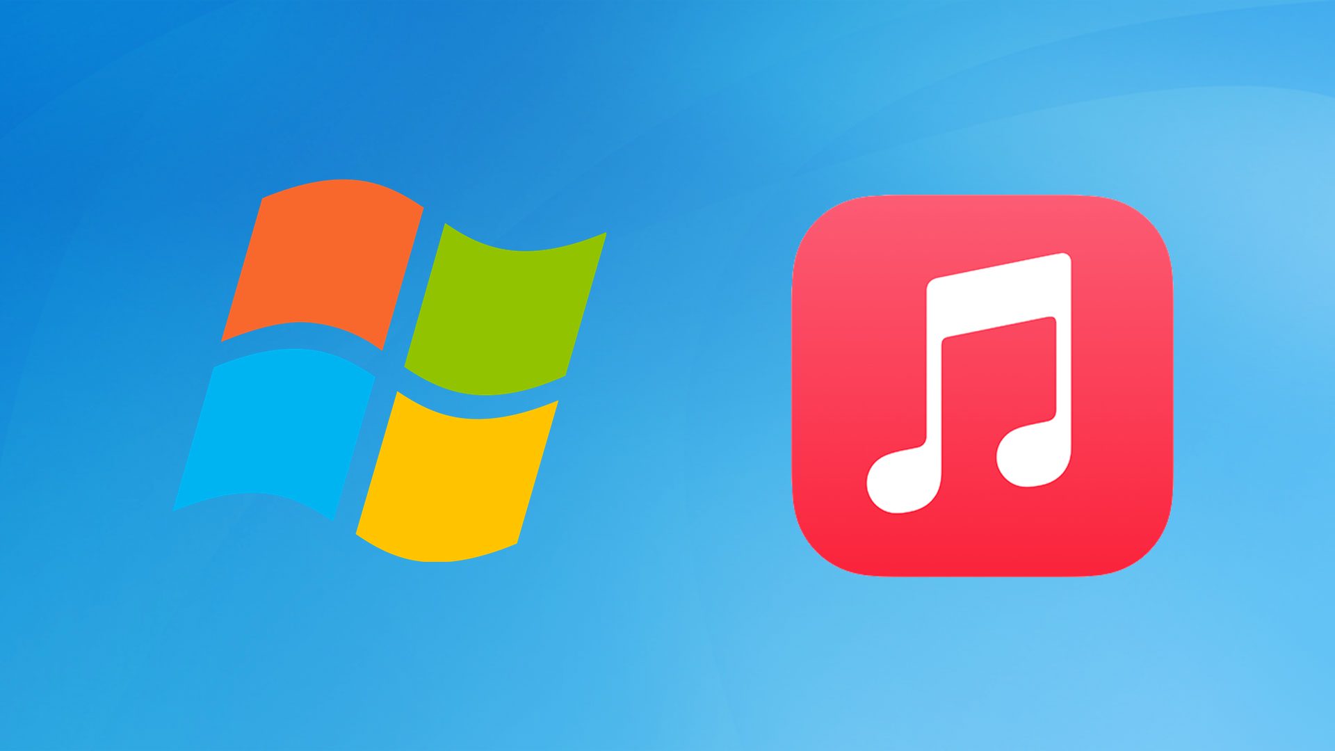 Logo Microsoft Windows a Apple Music na modrom pozadí