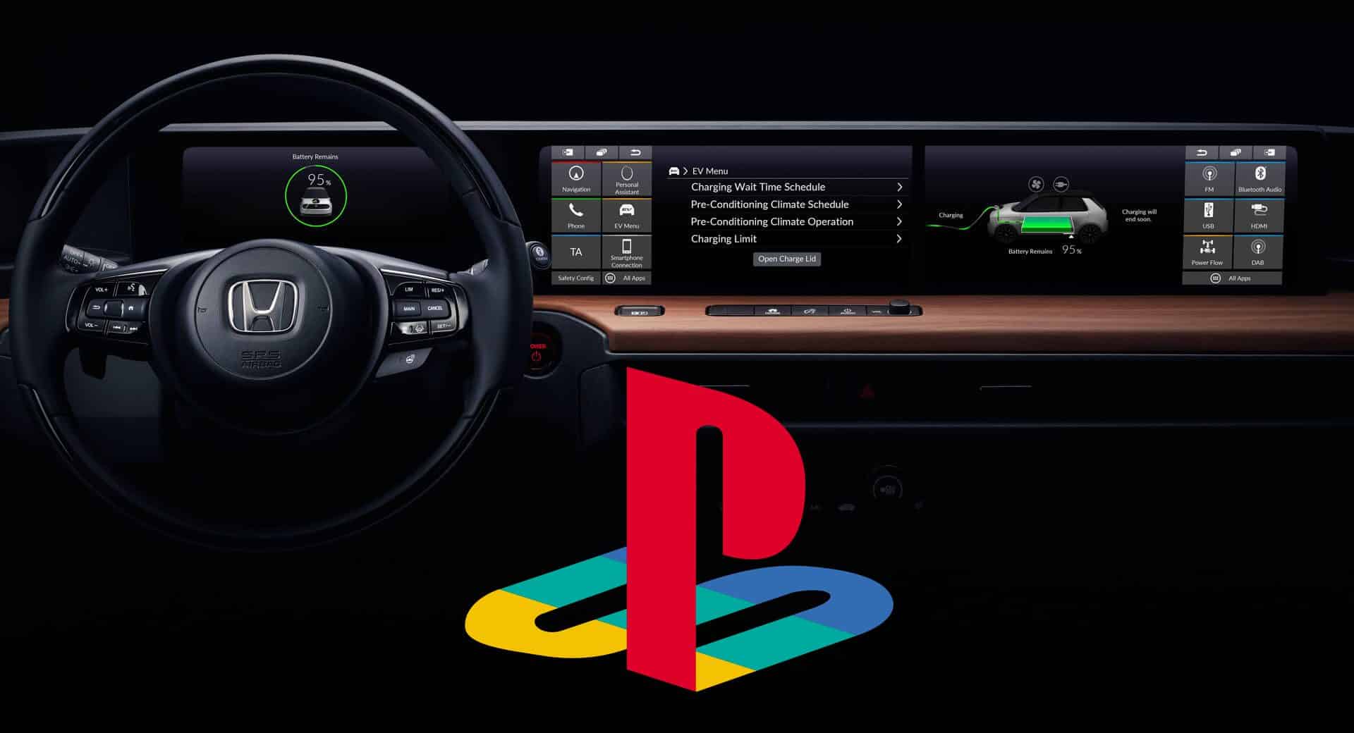 Honda E interiér vozidla a logo PlayStation