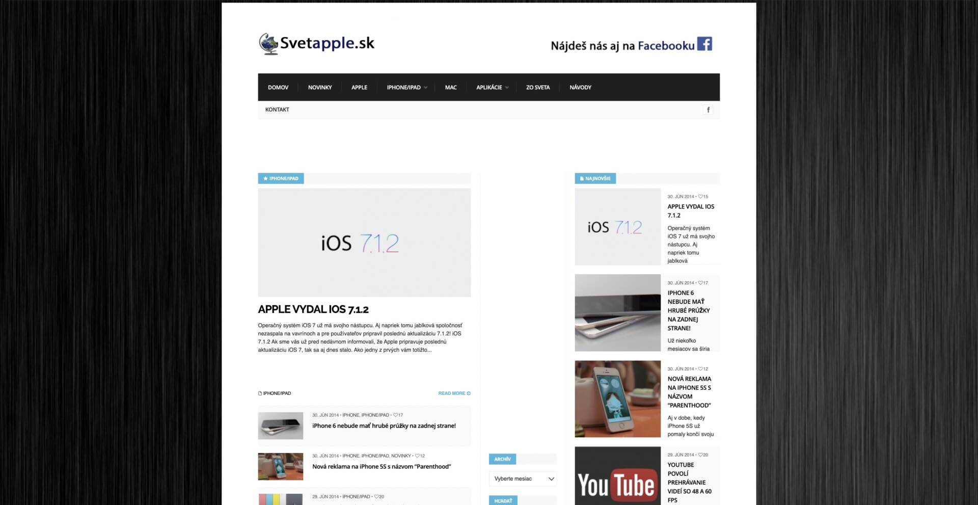 Prvá verzia internetovej stránky www.svetapple.sk, ktorá vznikla začiatkom roka 2014 ako hobby projekt. 