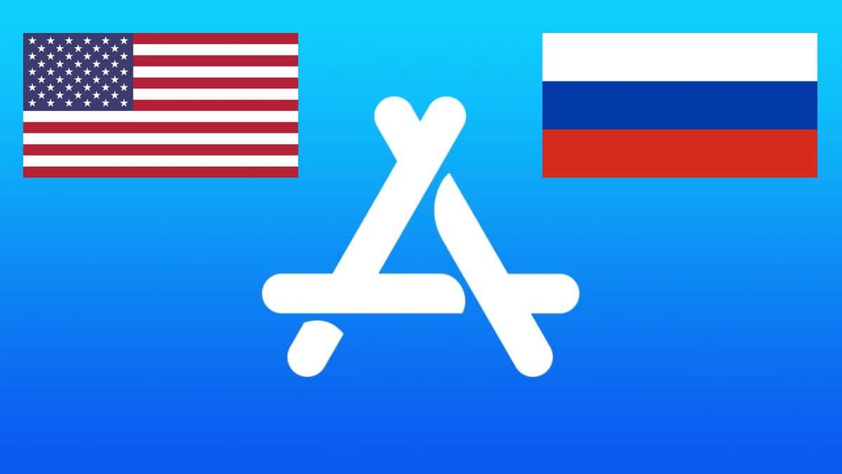 logo App Store a vlajky USA a Rusko