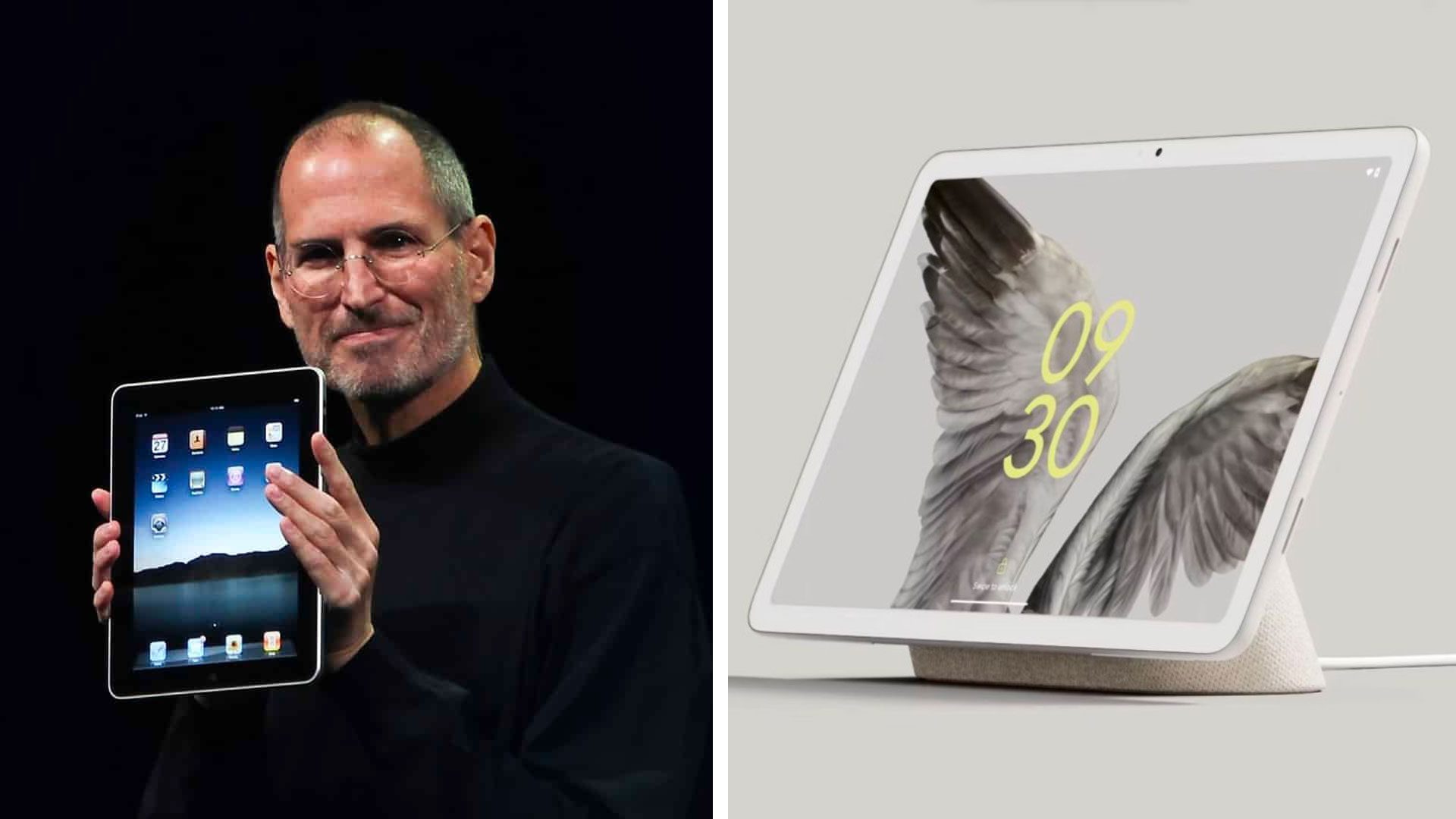 Steve Jobs a prvý iPad (2010) a Google Pixel Tablet (2023)