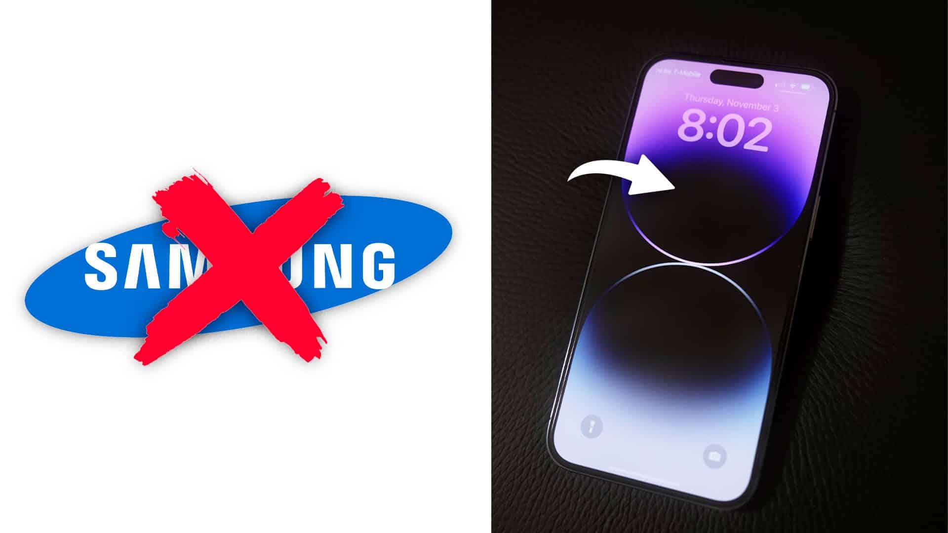 iPhone 14 Pro Max a preškrtnuté logo Samsung