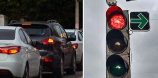 Zelená šipka na semafóre s červenou farbou, ktorá umožňuje odbočenie doprava na červenú