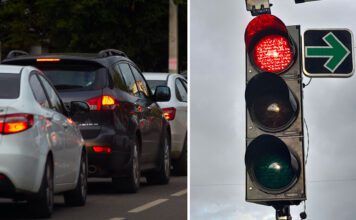 Zelená šipka na semafóre s červenou farbou, ktorá umožňuje odbočenie doprava na červenú