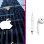 Logo Apple na budove a slúchadlá EarPods