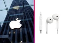 Logo Apple na budove a slúchadlá EarPods