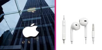 Logo Apple na budove a slúchadlá EarPods