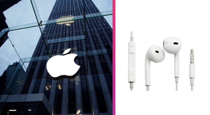 Logo Apple na budove a slúchadlá EarPods Logo Apple na budove a slúchadlá EarPods