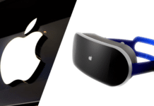 Apple logo a náhlavná súprava pre virtuálnu realitu